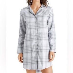 $238 NWT Hanro “Edda” Cotton Flannel Sleep Shirt in Grey Check Sz X-Small